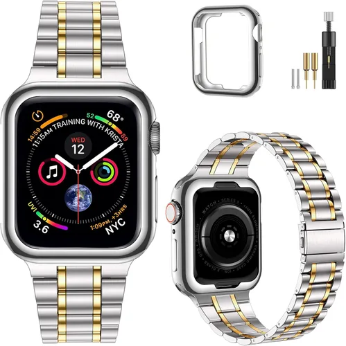 Vista 9 de MioHHR - Correas sólidas de acero inoxidable compatibles con Apple Watch de 38 mm, 40 mm, 41 mm, correa de metal con estuche suave de TPU para Negro