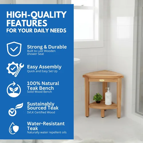 Vista 4 de EcoDecors Snazzy Corner Banco Taburete Asiento Silla de Ducha Impermeable de Madera de Teca Para Ducha Interior Proporciona Seguridad