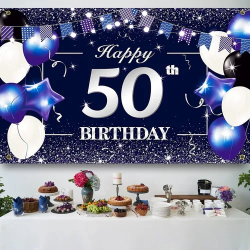 Vista 5 de Telón de fondo de pancarta de feliz cumpleaños 50, color azul y blanco para fiesta de cumpleaños 50, suministros para mujeres y hombres, telón