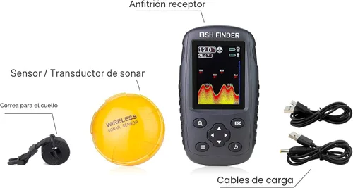 Vista 5 de ecosonda portátil recargable, sensor de sonar inalámbrico, localizador de profundidad con tamaño de los peces, contorno del fondo, pantalla LCD a