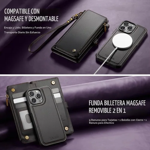Vista 9 de Defencase Funda Cartera Magnética para iPhone 14 Pro Compatible con Magsafe con Bloqueo RFID Portador de Tarjetas con Correa de Cremallera