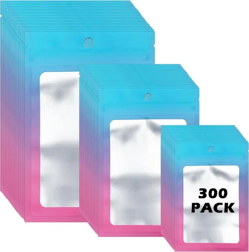 Vista 10 de 300 bolsas holográficas de mylar, 3 tamaños, bolsas a prueba de olores con ventana transparente, bolsas de papel de aluminio resellables