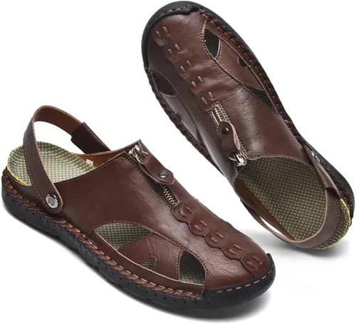 Vista 3 de MCEMACHI Men Closed Toe Leather Beach Sandals,Handmade Fashion Fisherman Waterproof Slides Sandal,Casual Water Slippers Shoes