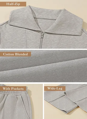 Vista 5 de Aleumdr Conjunto de dos piezas de sudadera con media cremallera para mujer, conjunto a juego con pantalón de pierna ancha