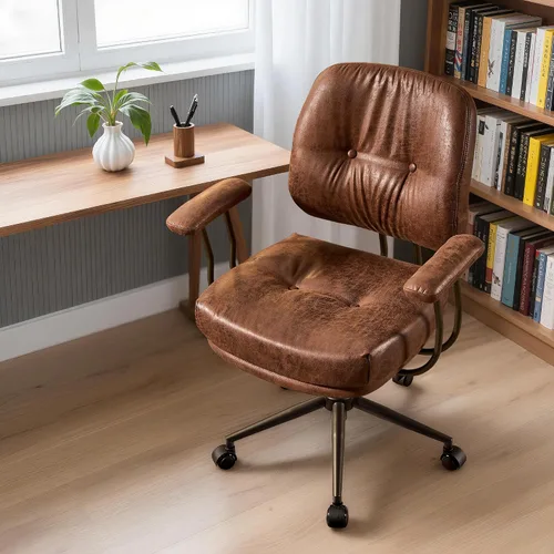 Vista 20 de Silla de oficina Mid Century Modren, silla ejecutiva giratoria con soporte lumbar, silla de escritorio ergonómica de respaldo medio con ruedas Beige