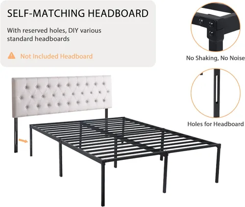 Vista 6 de Marco de cama King de 18 pulgadas, marco de cama resistente, no necesita somier, marco de cama de metal tamaño King con almacenamiento y soporte