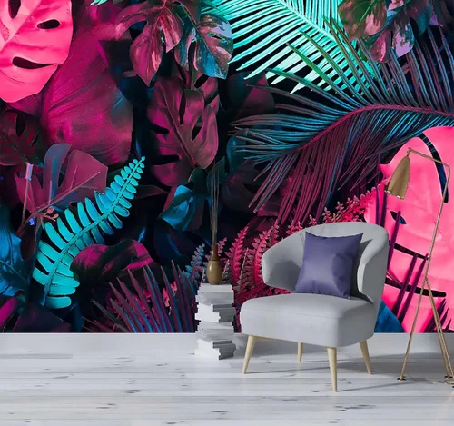 Vista 3 de Reyhui - Papel tapiz tropical de hojas de plátano, mural de pared de hoja de plátano, papel tapiz para pared de planta colorida, mural de pared