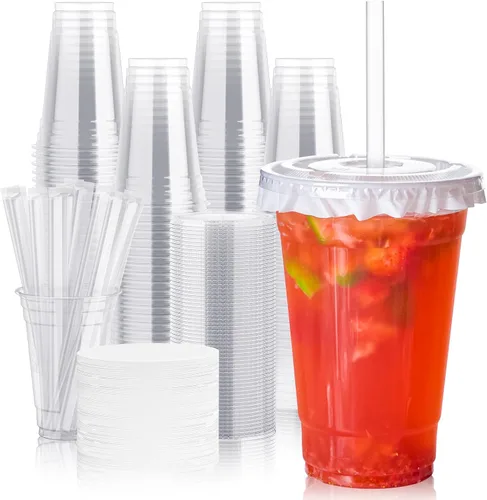 Vista 10 de JOLLY CHEF 200 juegos de vasos de plástico transparente de 9 onzas con tapas de cúpula y forros de papel, vasos de postre de plástico con tapas