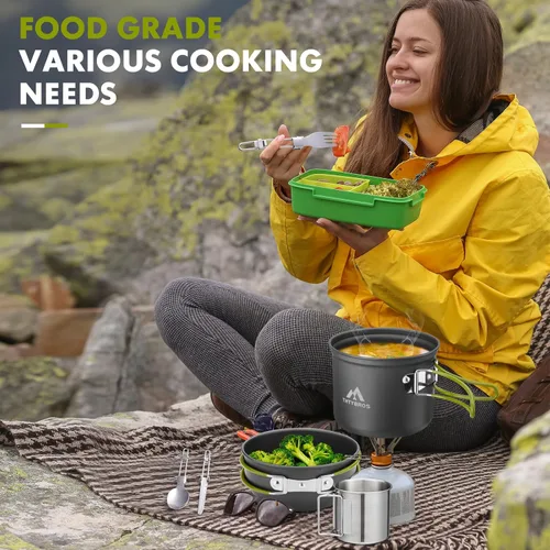 Vista 7 de Kit de utensilios de cocina para campamento, mochileros, ollas de 0.33 galones y sartenes de 0.17 galones, taza SUS304 de 0.08 galones, tenedores