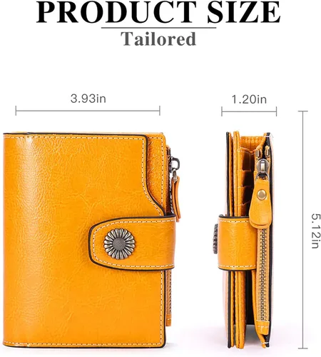 Vista 3 de FALAN MULE Cartera pequeña para mujer, de piel, plegable, compacta, pequeña, con bloqueo RFID, amarillo, antiguo (Antique Yellow), Cartera Rfid