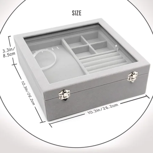 Vista 4 de KLOUD City Joyero con tapa de vidrio Caja de joyería de dos capas Organizador Display Storage Case (gris)