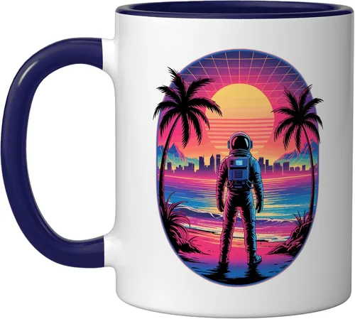 Vista 5 de Vaporwave Synthwave Astronaut Spaceman Science Space Ceramic Mug, Black/White, 11oz