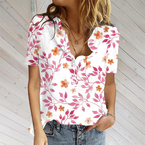 Vista 6 de Blusas de verano para mujer, cuello en V, ajuste holgado, cómodas, de algodón, lino, estampado floral, blusas a la moda 2023