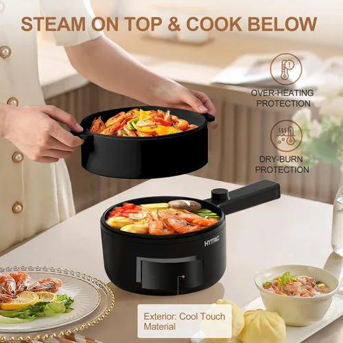 Vista 5 de HYTRIC Olla eléctrica con vaporizador, sartén antiadherente portátil de 1.5 L, cocina eléctrica para carne, huevo, pasta, olla de ramen con doble