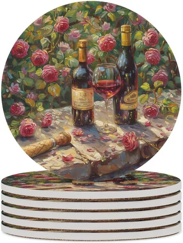 Vista 20 de 4 posavasos de vino tinto, cuadrados y modernos posavasos absorbentes de cerámica, estilo de pintura al óleo, vintage, vino tinto, uvas, rosa