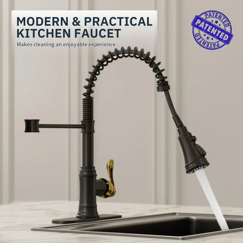 Vista 2 de BWE Grifo de cocina, grifo de fregadero de cocina con rociador extraíble, grifo de arco alto de una sola manija en negro y oro cepillado con 3 modos
