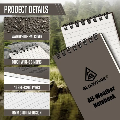 Vista 3 de GLORYFIRE - Cuaderno impermeable táctico para todo tipo de clima, con papel de cuadrícula impermeable para actividades al aire libre, grabación de 3