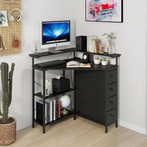 Vista 2 de VENNQD Escritorio esquinero con cajones y estantes para espacio pequeño, escritorio triangular de computadora de 90 grados con tomas de corriente
