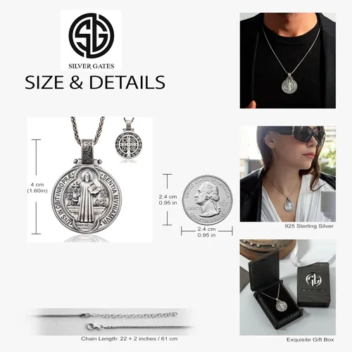 Vista 5 de bysilvergates Religious Collection - Men's 925 Sterling Silver Pendants St Christopher, St Michael, St Benedict - Timeless Faith-Inspired Necklaces