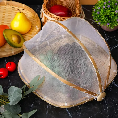 Vista 5 de Patelai 2 piezas cubiertas de bambú para servir alimentos para tienda de campaña al aire libre con cesta de almacenamiento de pan de gasa, cuenco