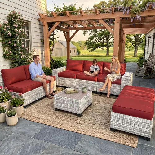 Vista 29 de Muebles de patio al aire libre conjunto PE mimbre ratán al aire libre sofá seccional Gris