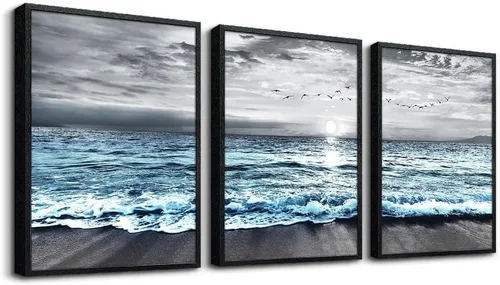 Vista 17 de Arte en lienzo enmarcado en negro para decoración de sala de estar y dormitorio - Pintura de pared de playa en blanco y negro - Imágenes de olas