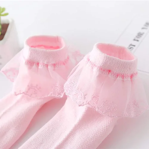 Vista 15 de Looching 4 pares de calcetines de encaje de princesa de algodón con volantes sólidos para niñas pequeñas