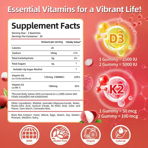 Vista 2 de Gomitas de vitamina D3 K2 con magnesio sin azúcar, 60 unidades Vitamina D3 5,000 UI + K2 (MK-7) 100 mcg - Suplemento de vitamina K2 D3 vegano