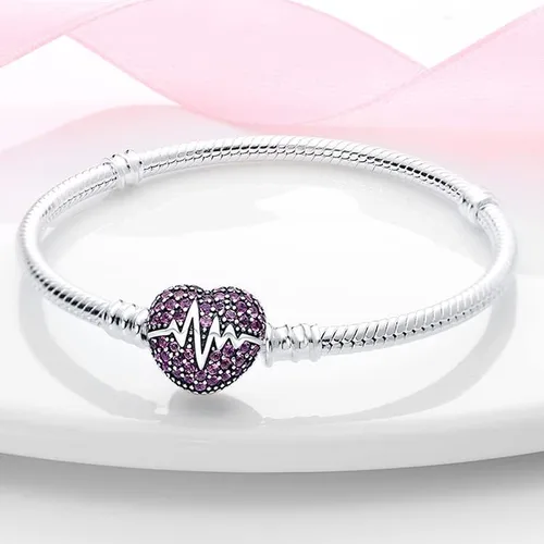 Vista 2 de LongLuck Pulsera clásica de cadena de serpiente con cierre en forma de corazón plata de ley 925 con dije de piedra cúbica se adapta a cualquier dije