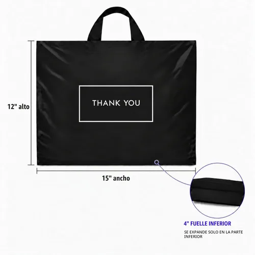 Vista 3 de Purple Q Crafts Bolsas de agradecimiento para negocios, bolsas de plástico negras, paquete de 50 con asa de bucle suave