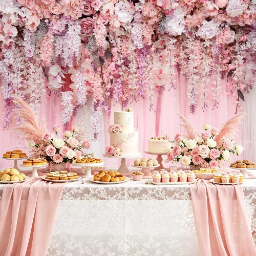 Vista 3 de Telón de fondo de pared floral rosa de 7 x 5 pies para niñas, despedida de soltera, boda, aniversario, flores, baby shower, decoración de fiesta