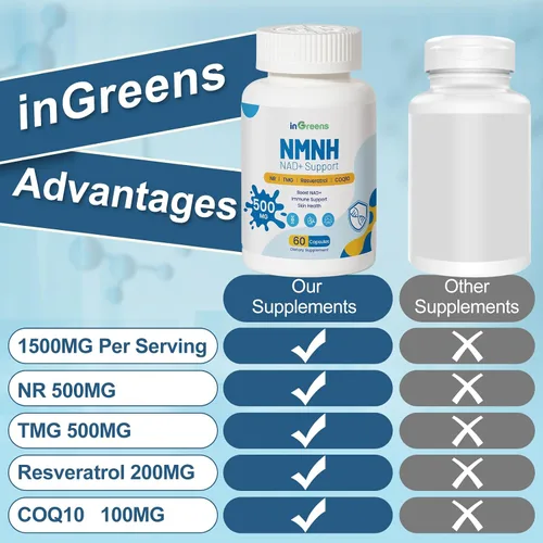 Vista 6 de inGreens 500 mg NMNH, alternativa de suplemento NMN con NR, TMG, resveratrol, COQ10, suplemento NAD, antienvejecimiento, energía, aumenta