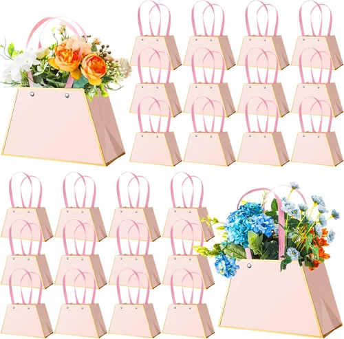 Vista 8 de Noveread 24 bolsas de regalo florales de barra floral a granel, bolsa de ramo de flores, bolsa de papel de regalo con asa, caja de centro de mesa