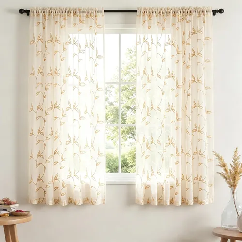 Vista 2 de VISIONTEX 2 paneles de cortinas traslúcidas de 63 in de largo, cortinas de gasa semitransparentes bordadas con hojas florales beige, bolsillo