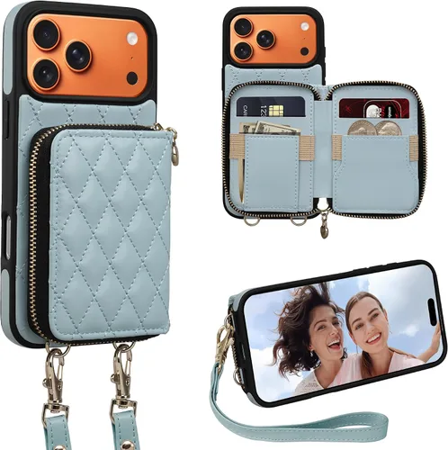 Vista 68 de Funda para iPhone 12 Pro/iPhone 12 de 6.1 pulgadas, cartera cruzada con cremallera para mujer, tarjetero con bloqueo RFID, funda de cuero con Negro