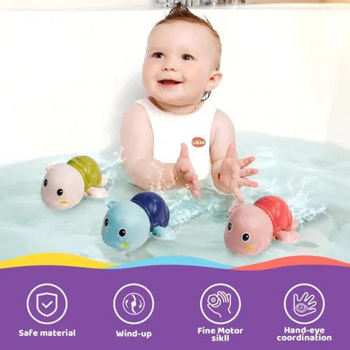 Vista 7 de LiKee Juguetes de baño, paquete de 3 con 3 colores, lindas tortugas de natación, juguetes de cuerda para bebés de 1 año en adelante, juguetes