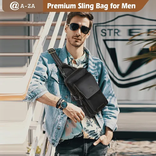 Vista 2 de Bolso bandolera de cuero genuino para hombre, mochila cruzada de cuero de grano completo para hombre, riñoneras, bolsa de pecho