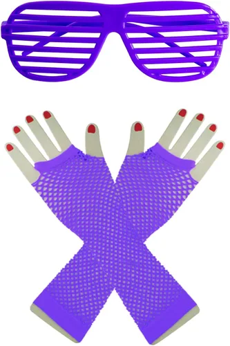 Vista 5 de jiebor Disfraces morados de los años 80, accesorios para niños y niñas, falda tutú, calentadores de piernas, guantes de red, collar, persianas