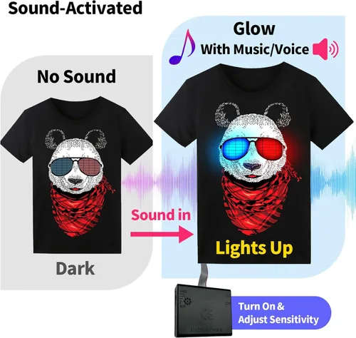 Vista 2 de Camiseta LED activada por sonido, camisa iluminada que brilla en la oscuridad para hombres, camisa de neón para rave, fiesta brillante, concierto