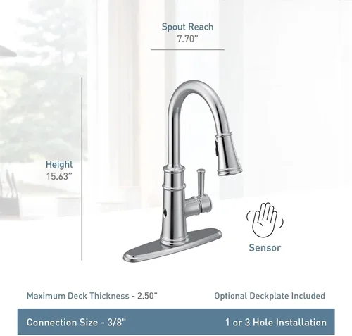 Vista 6 de Moen Belfield Grifo de cocina con sensor de onda Motionsense, sensor sin contacto, un solo mango extraíble con limpieza eléctrica, cromado, 7260EWC