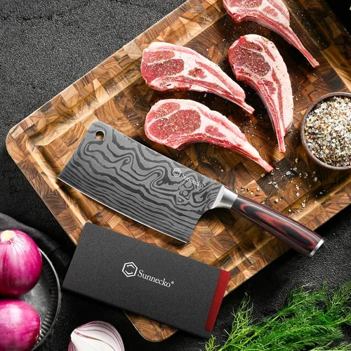 Vista 2 de Sunnecko Cuchillo de carnicero de 7 pulgadas, cuchillo chino de acero inoxidable de alto carbono con mango de madera, cuchilla afilada para carne