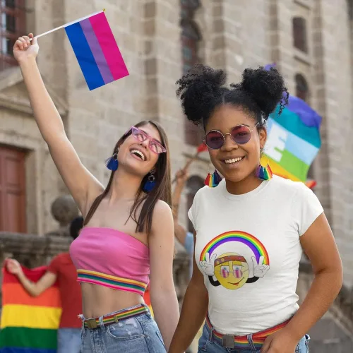Vista 6 de Bandera bisexual con bandera bi, pequeña mini banderas de mano con orgullo bisexual en palos para desfiles, fiestas, festivales y decoraciones