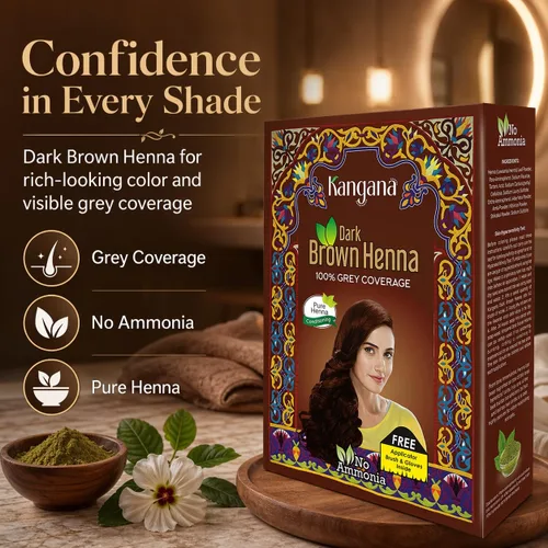 Vista 4 de Kangana - Tinte para el cabello castaño oscuro con henna y hierbas, sin amoníaco, 6 bolsas Marrón oscuro de larga duración de henna e ingredientes