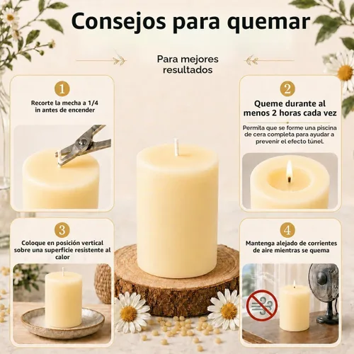 Vista 6 de Paquete de 3 velas de cera de abeja en forma de pilar, velas de cera de abeja blanco marfil - 105 horas de combustión larga, velas de cera de abeja