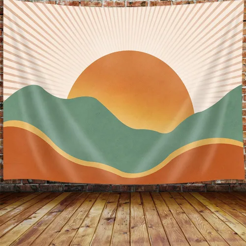 Vista 5 de JAWO Tapiz Bohemio Azul, Tapiz de Naturaleza con Montaña Abstracta y Sol Dorado para Colgar en la Pared para Dormitorio, Tapices de Paisaje