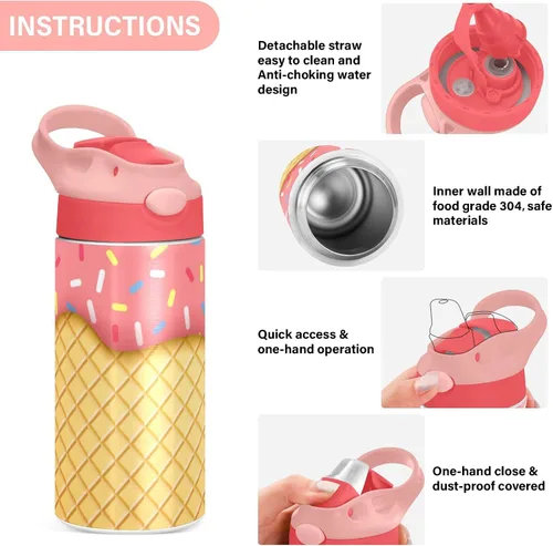 Vista 5 de Moudou Botella de agua con cono de helado para niños, doble pared aislada al vacío de acero inoxidable, vaso de viaje, 12 onzas