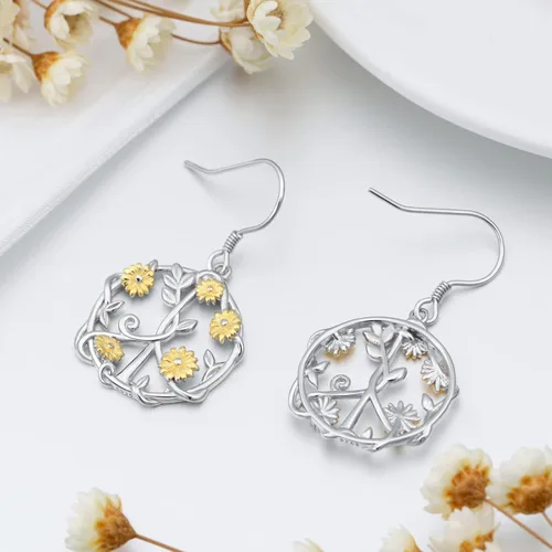Vista 5 de Aretes de plata de ley 925 con diseño de margarita, para amantes de la paz, joyería para adolescentes y niñas, regalo de graduación, Plata de ley