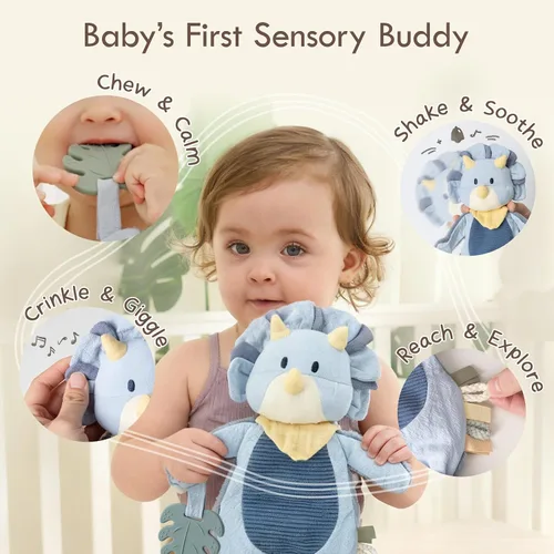 Vista 5 de Moonkie Baby Lovey con mordedor de silicona, manta de seguridad de dinosaurio con cintas texturizadas, juguetes arrugados, terciopelo Minky suave