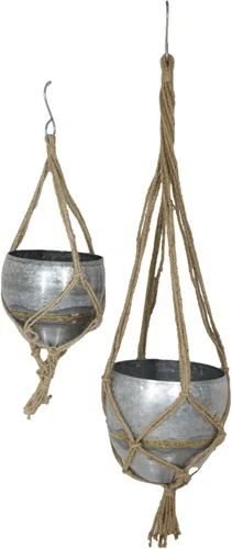 Vista 4 de Ebros Gift Juego de 2 macetas rústicas de metal galvanizado para colgar en la pared con cuerdas tejidas de yute en tamaños escalonados para plantas