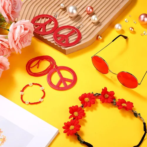 Vista 4 de Juego de 6 accesorios de disfraz hippie bohemio, letrero de la paz, margarita, flor de los años 60 y 70, decoraciones para fiestas geniales